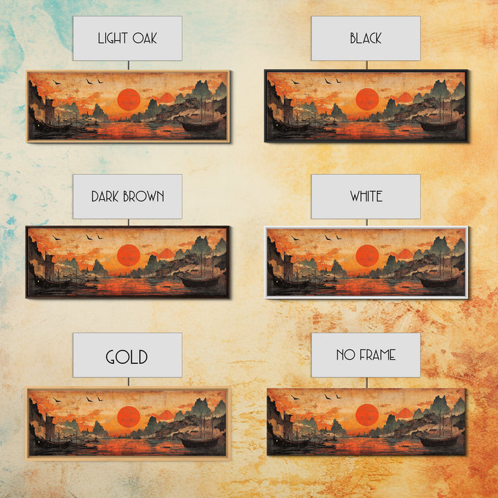 Orange Sunset Harbor Wall Art, Asian Landscape Canvas Print, Coastal Seascape Decor, Panoramic Living Room Art, Above Sofa Art