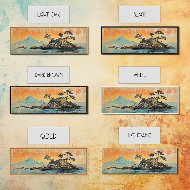 Rocky Island Pines On Calm Sea Wall Art, Japanese Coastal Landscape Canvas Print, Orange Sunset Decor, Wide Panoramic Art