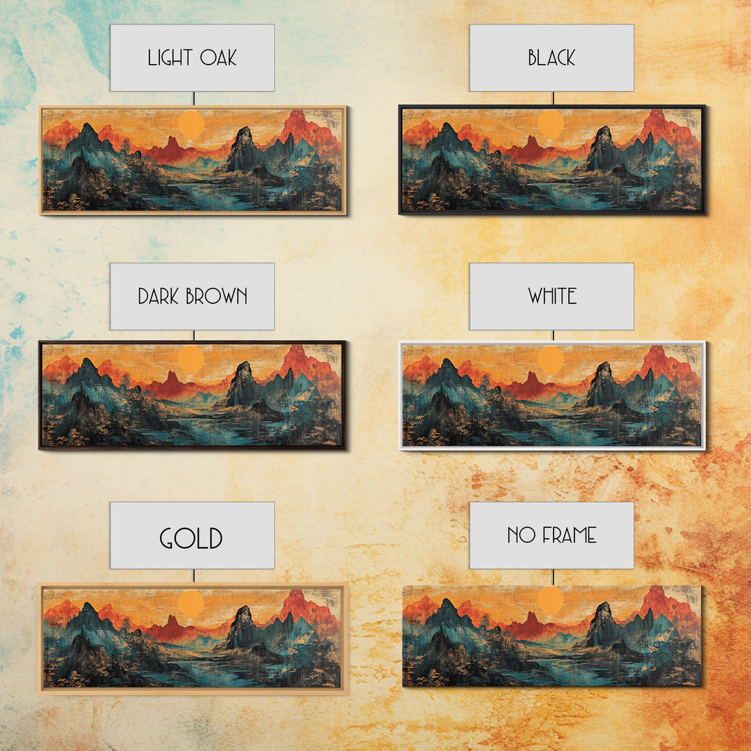 Orange Sun Over Dramatic Mountain Range Canvas Print, Asian Landscape Wall Art, Rustic Desert Decor, Statement Wall Art For Office Decor