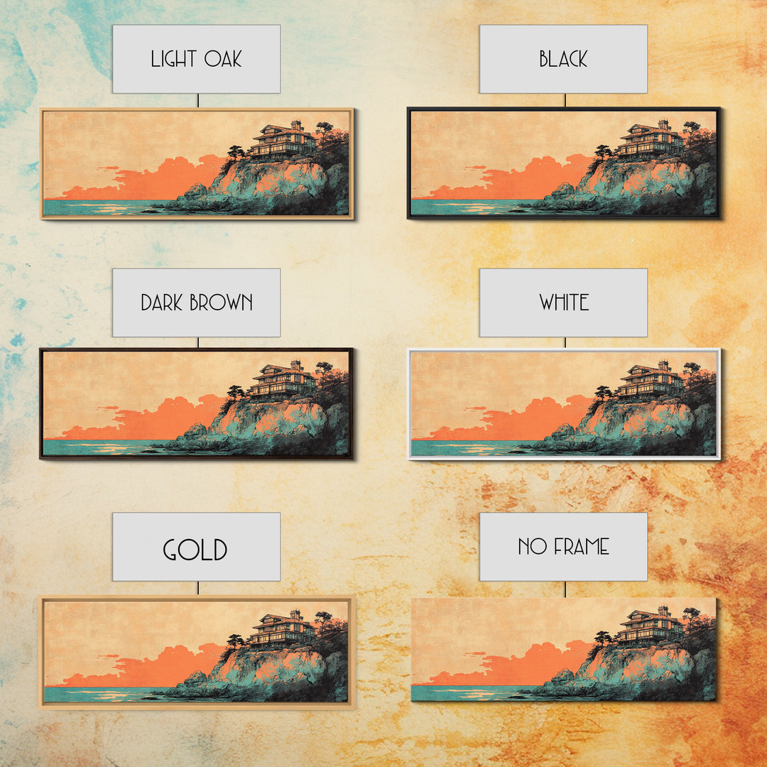Japanese Cliffside House At Sunset Wall Art, Panoramic Canvas Print, Coastal Decor, Asian Inspired Living Room Decor Art Print