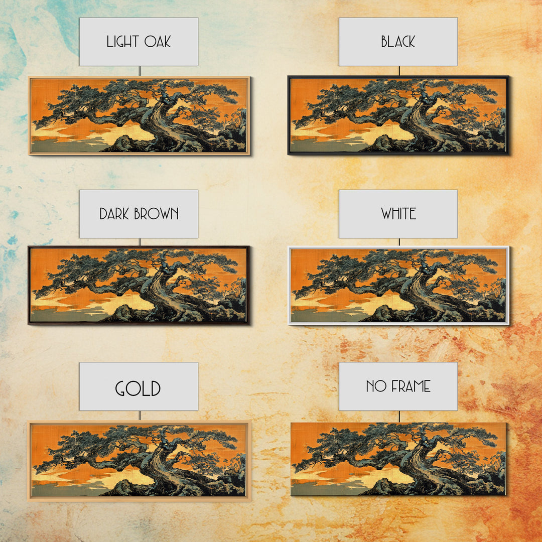 Twisted Japanese Pine Tree Landscape Wall Art, Panoramic Canvas Print, Japandi Decor, Nature Wall Decor, Office Art Print