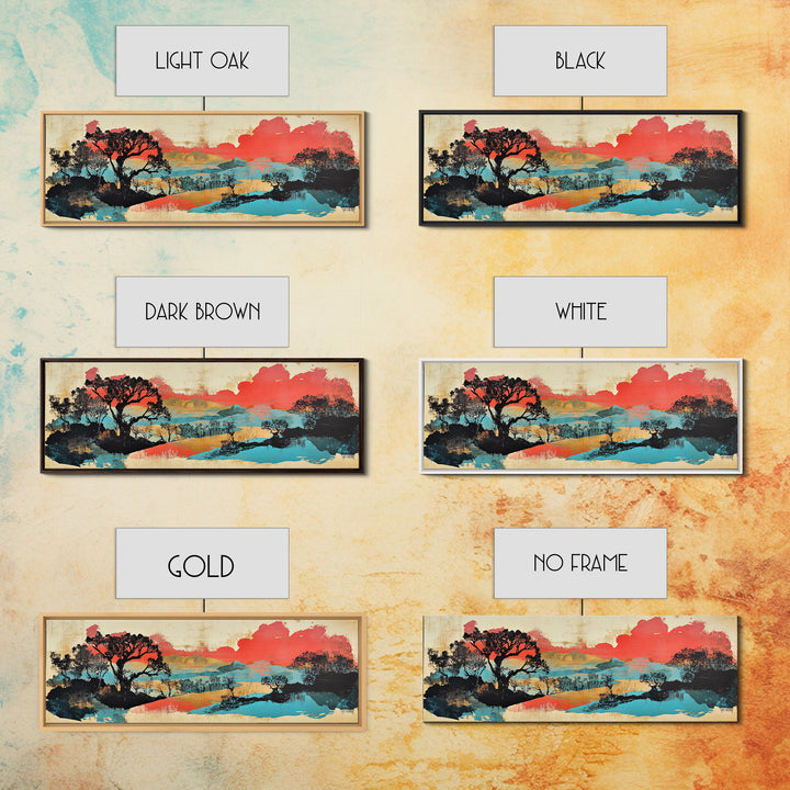 Coral Sky Abstract River Trees Wall Art, Japanese Landscape Print, Panoramic Canvas, Modern Asian Living Room Decor, Home Decor