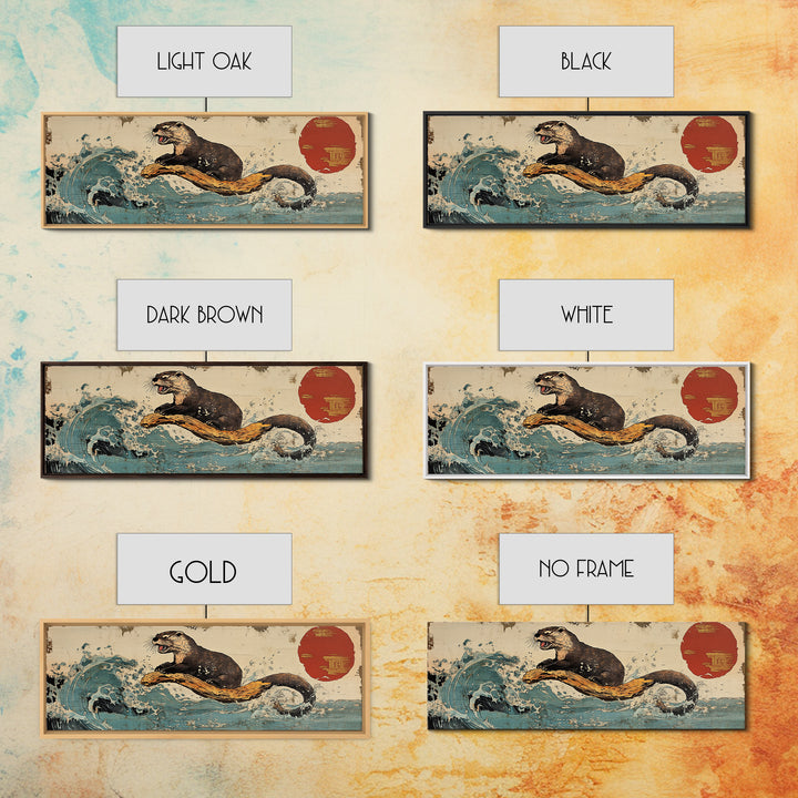 Playful Otter Riding Ocean Wave Wall Art, Japanese Animal Print, Panoramic Canvas, Coastal Bathroom Decor, Wildlife Gift For Her