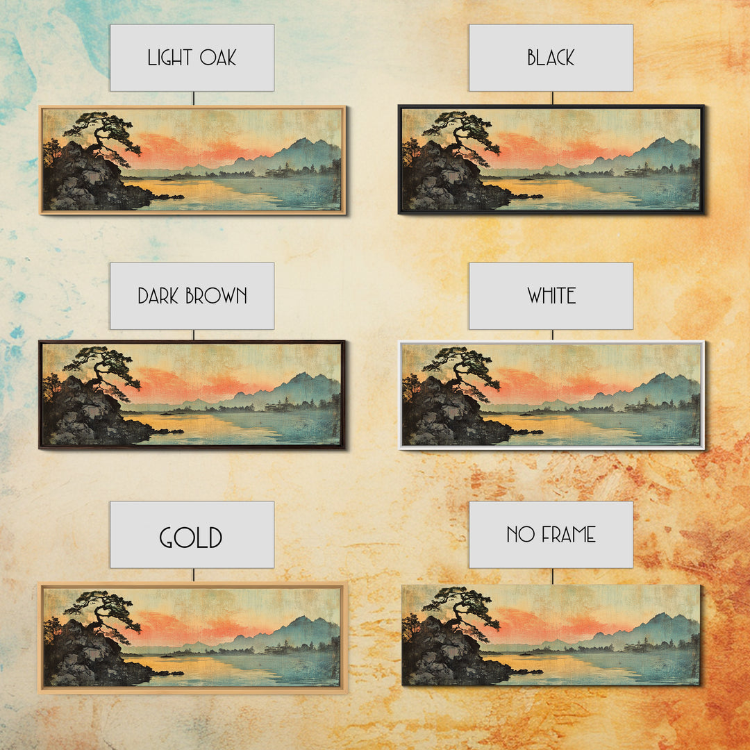 Japanese Lake Sunset With Lone Pine Wall Art, Panoramic Landscape Print, Japandi Decor, Serene Living Room Wall Decor, Home Decor