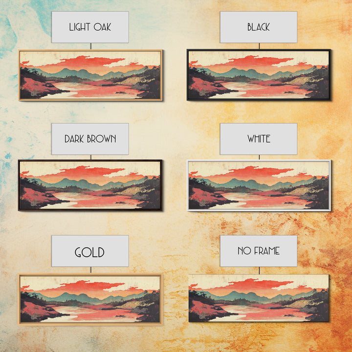 Coral Sky River Valley Wall Art, Japanese Mountain Landscape Print, Long Horizontal Canvas, Modern Living Room Decor, Home Decor