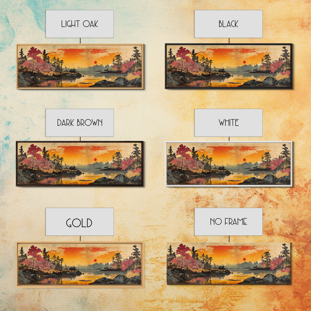 Orange Sunset Lake Wall Art, Cherry Blossom Landscape Canvas Print, Japanese Nature Decor, Panoramic Living Room Art Print