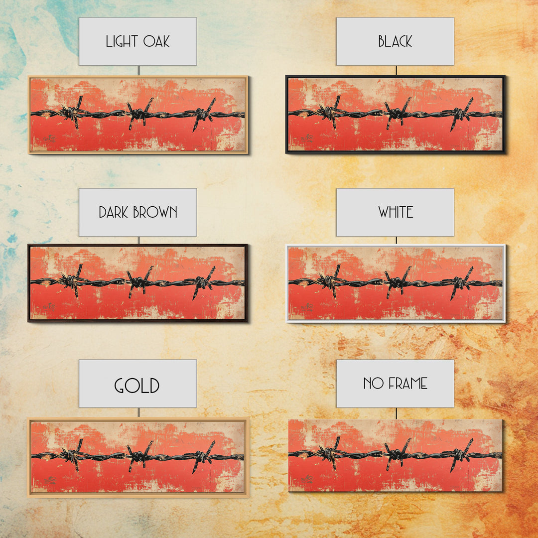 Barbed Wire Fence Wall Art, Western Rustic Print, Industrial Farmhouse Decor, Orange Grunge Canvas For Man Cave Or Office