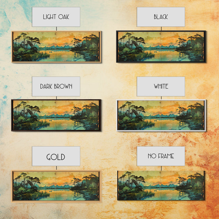 Golden Marsh At Sunset Wall Art, Cypress Lake Landscape Canvas Print, Moody Nature Decor, Large Panoramic Living Room Art