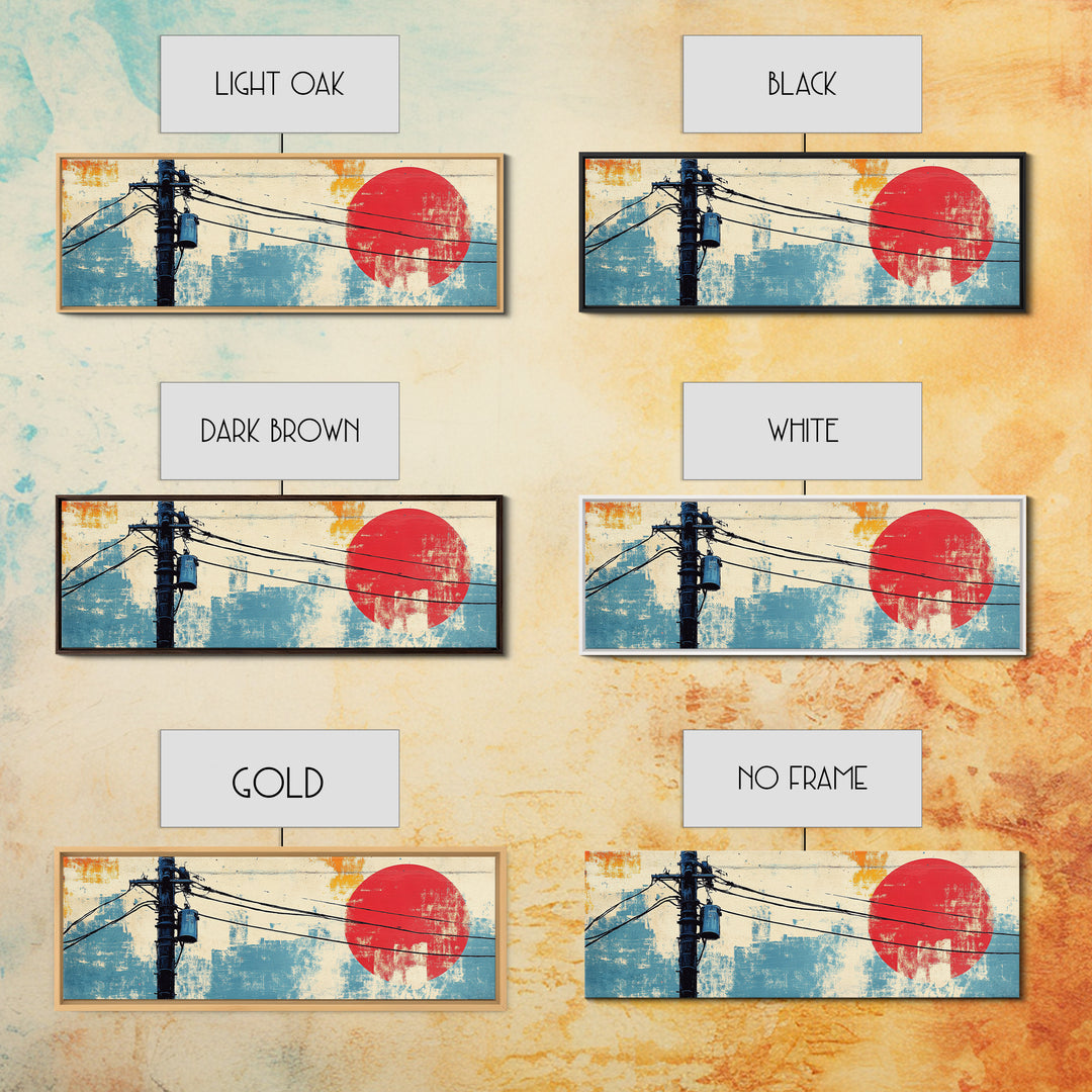 Weathered Utility Pole With Red Sun Canvas Print, Japanese Wall Art, Urban Industrial Decor, Long Horizontal Living Room Art
