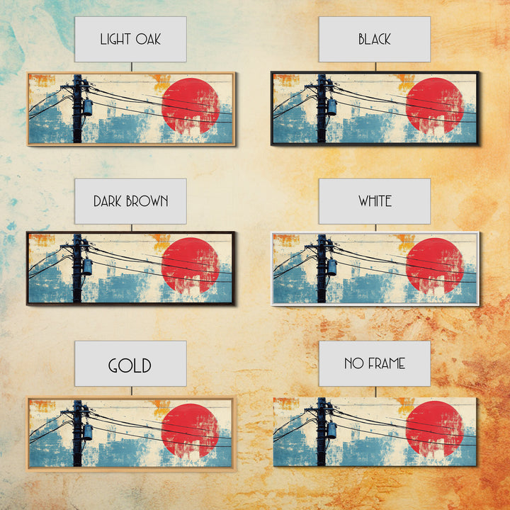 Weathered Utility Pole With Red Sun Canvas Print, Japanese Wall Art, Urban Industrial Decor, Long Horizontal Living Room Art