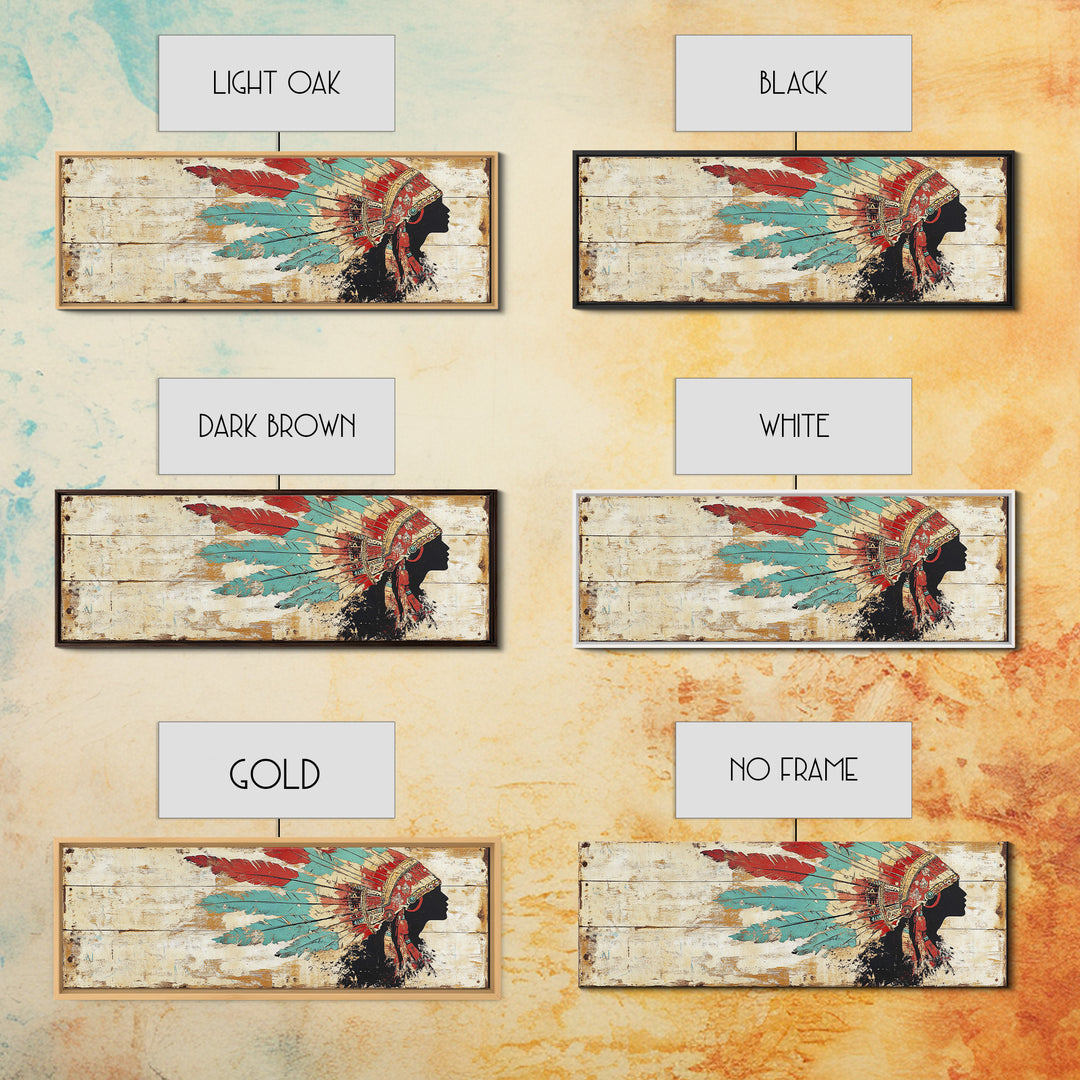 Native American Headdress Silhouette Wall Art, Western Tribal Canvas Print, Rustic Indigenous Decor For Living Room Home Decor