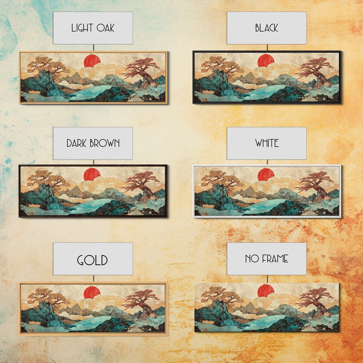 Red Sun Mountain River Landscape Wall Art, Japanese Wall Art, Panoramic Canvas, Japandi Decor, Living Room Wall Decor, Home Decor