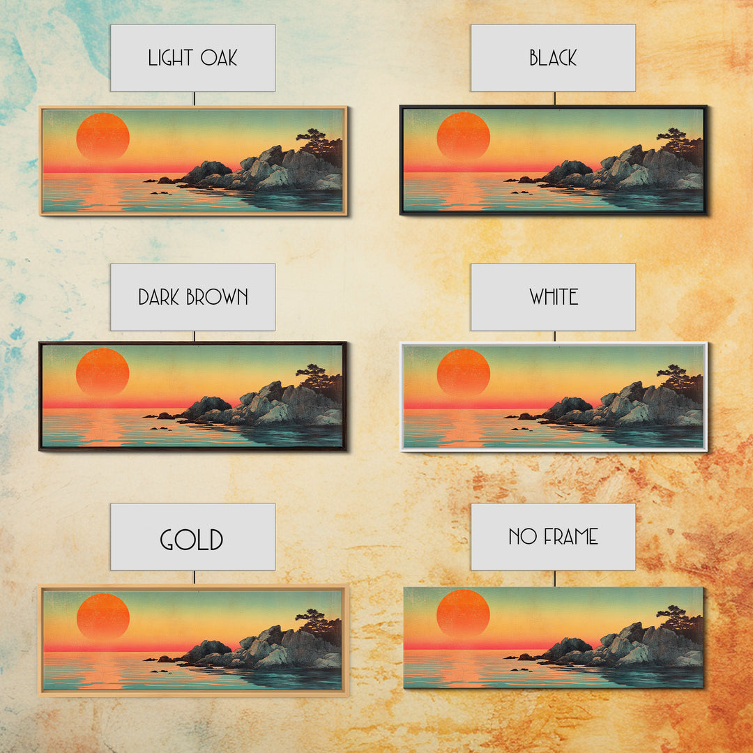 Orange Sunset Over Rocky Shore Wall Art, Japanese Coastal Seascape Print, Serene Ocean Decor, Large Horizontal Canvas Gift