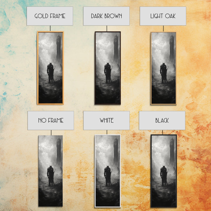 Lone Warrior Before Dark Tower Wall Art, Black And White Fantasy Print, Gothic Dark Art For Game Room Decor, Moody Statement Artwork