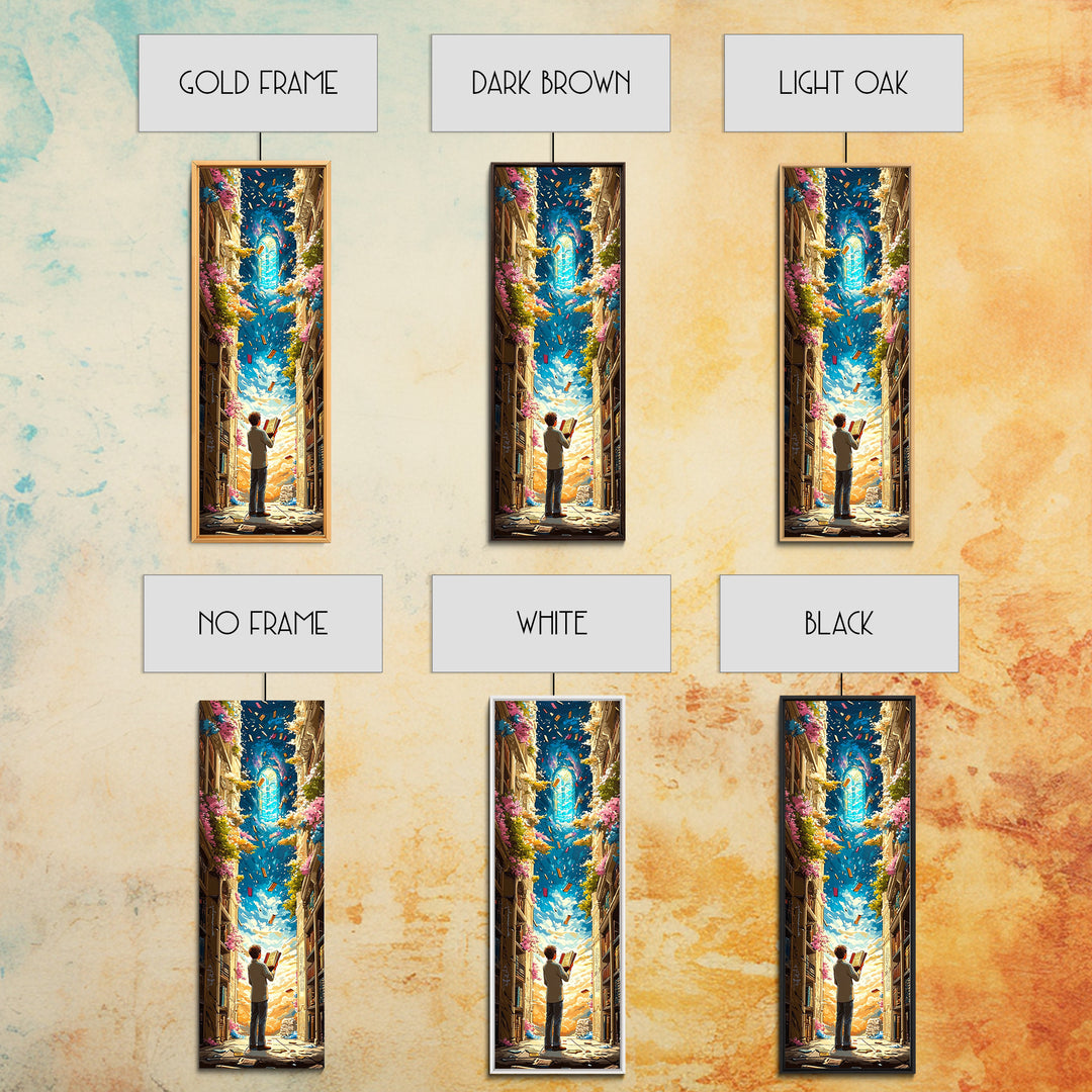 Young Reader Beneath Magical Book Portal Wall Art, Whimsical Library Decor, Cozy Fantasy Reading Nook Print For Book Lovers