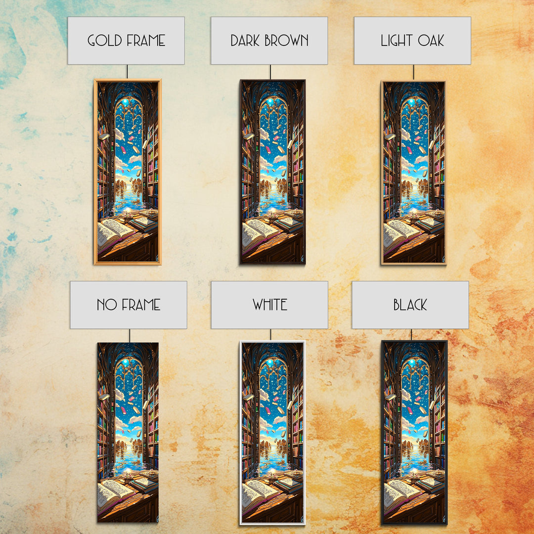 Sunlit Gothic Library Window Over Ocean Canvas Print, Bookish Wall Decor, Coastal Fantasy Art, Reading Nook Home Decor Gift