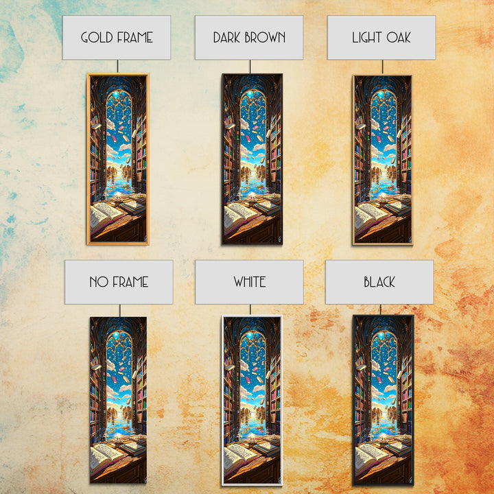 Sunlit Gothic Library Window Over Ocean Canvas Print, Bookish Wall Decor, Coastal Fantasy Art, Reading Nook Home Decor Gift