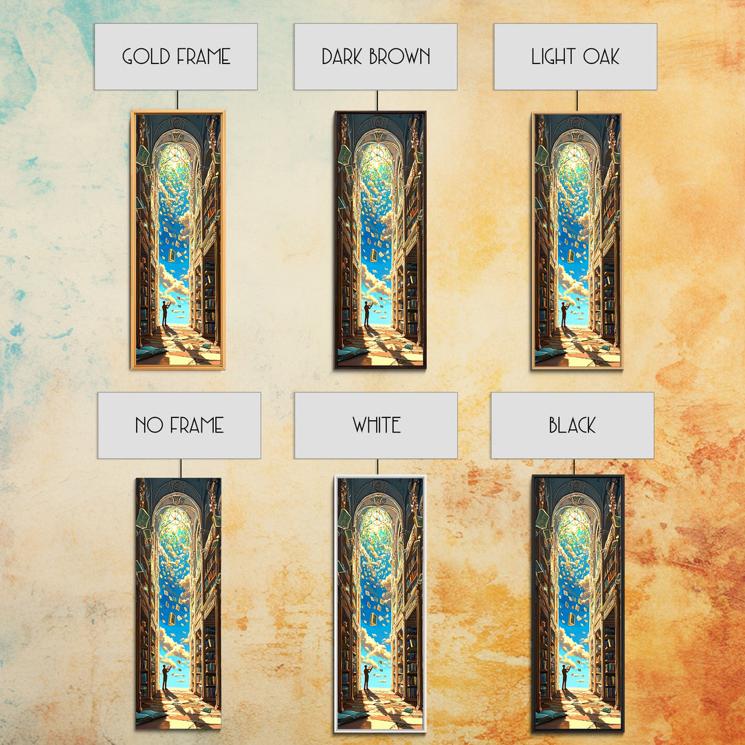 Golden Sky Library Arch With Falling Books Framed Canvas Print, Fantasy Bookish Wall Decor, Dark Academia Reading Gift Decor