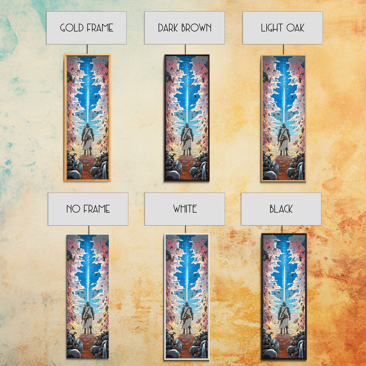 Silver Knight Beneath Celestial Blue Beam Wall Art, Epic Fantasy Print, Cherry Blossom Sky, Vibrant Gaming Room Wall Decor