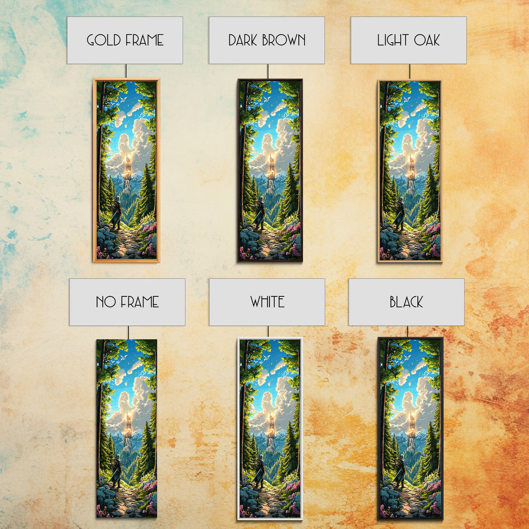 Knight In Sunlit Forest Tower Wall Art, Fantasy Landscape Canvas, Medieval Adventure Decor, Epic Mountain Living Room Print
