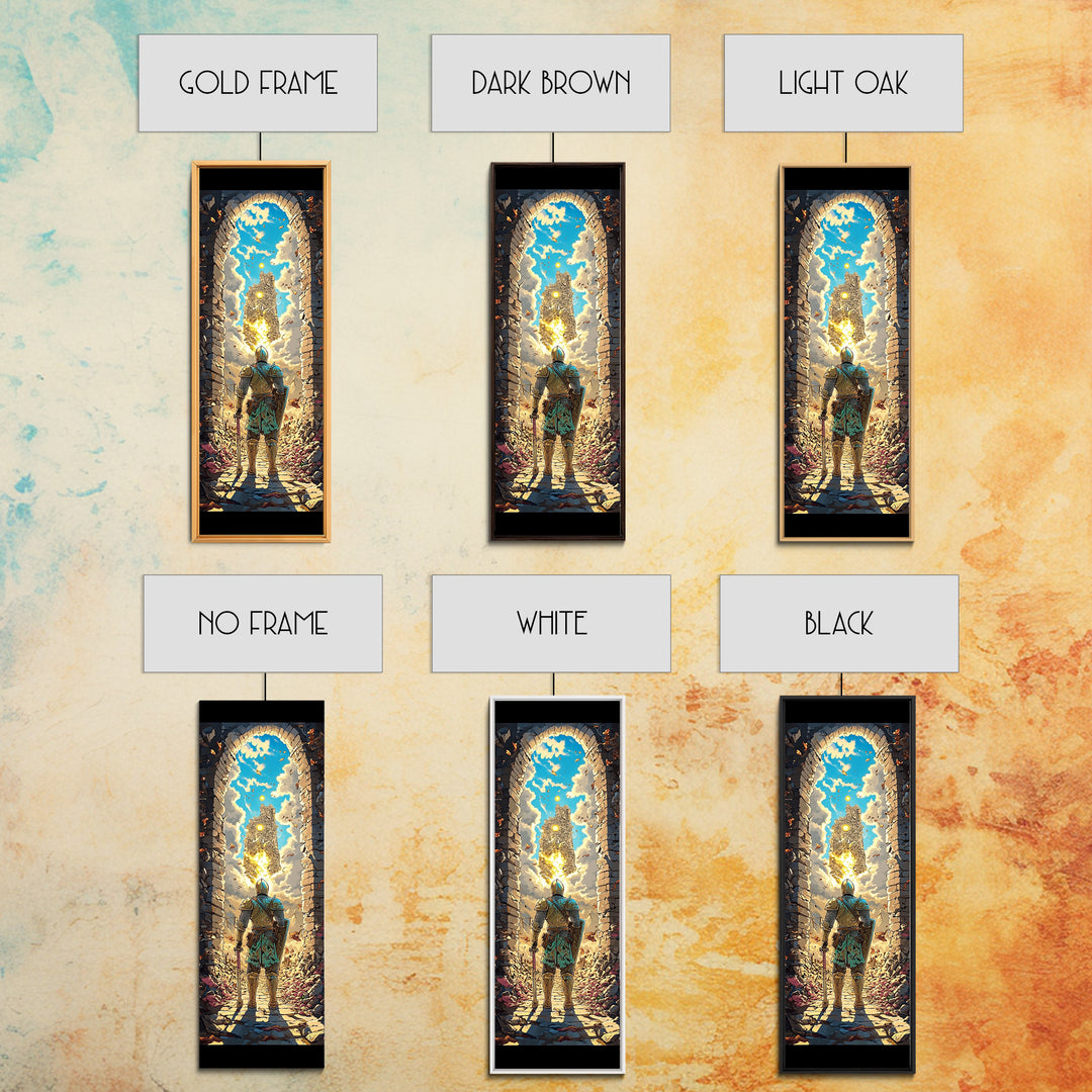 Knight At Golden Portal Framed Canvas Print, Fantasy Castle Wall Art, Medieval Adventure Decor, Magical Entryway Artwork