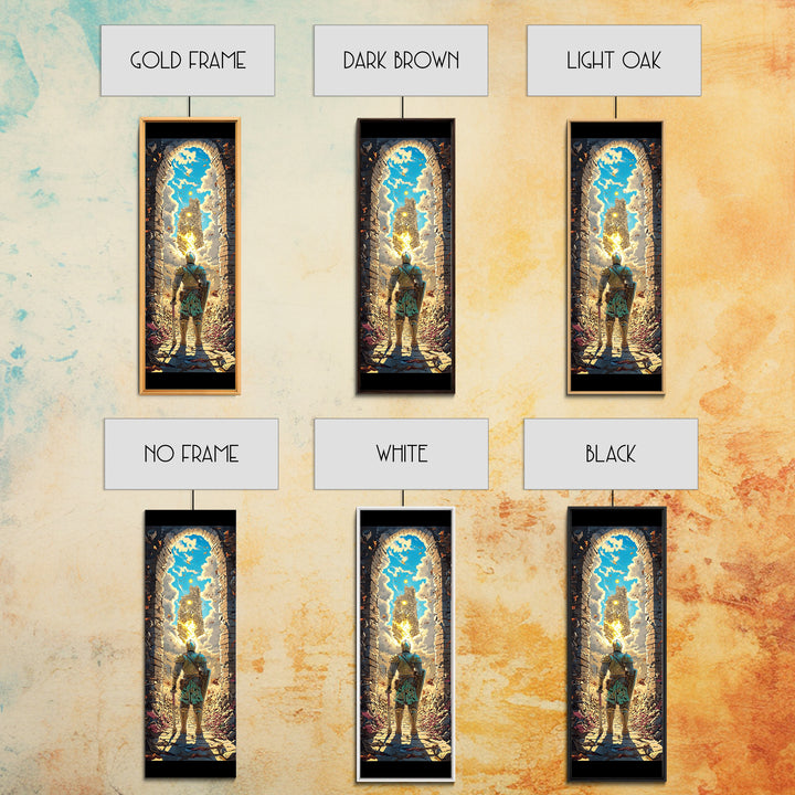 Knight At Golden Portal Framed Canvas Print, Fantasy Castle Wall Art, Medieval Adventure Decor, Magical Entryway Artwork