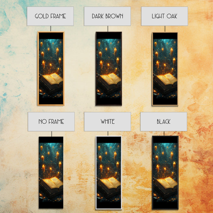Glowing Grimoire With Floating Candles Wall Art, Dark Fantasy Library Canvas Print, Gothic Academia Home Decor Gift For Her