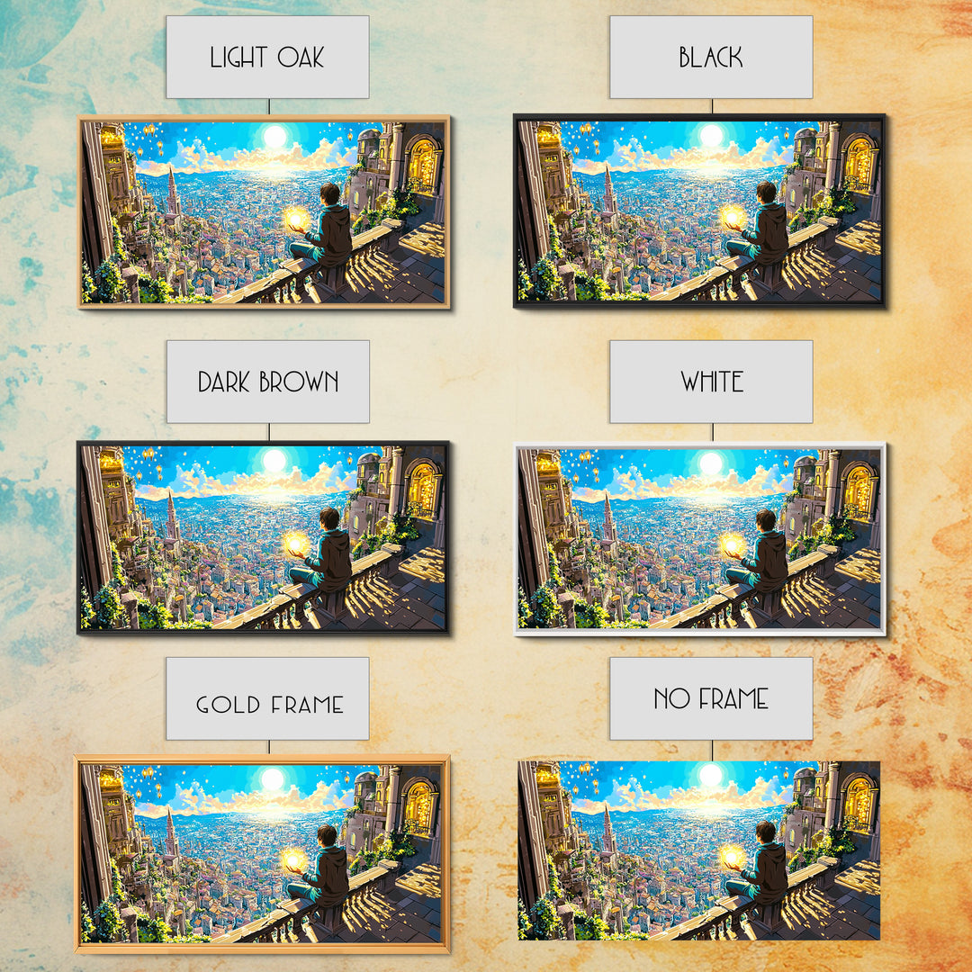 Boy With Glowing Orb Above Sunlit Fantasy City Canvas Print, Whimsical Wall Art, Magical Living Room Home Decor, Gift For Her