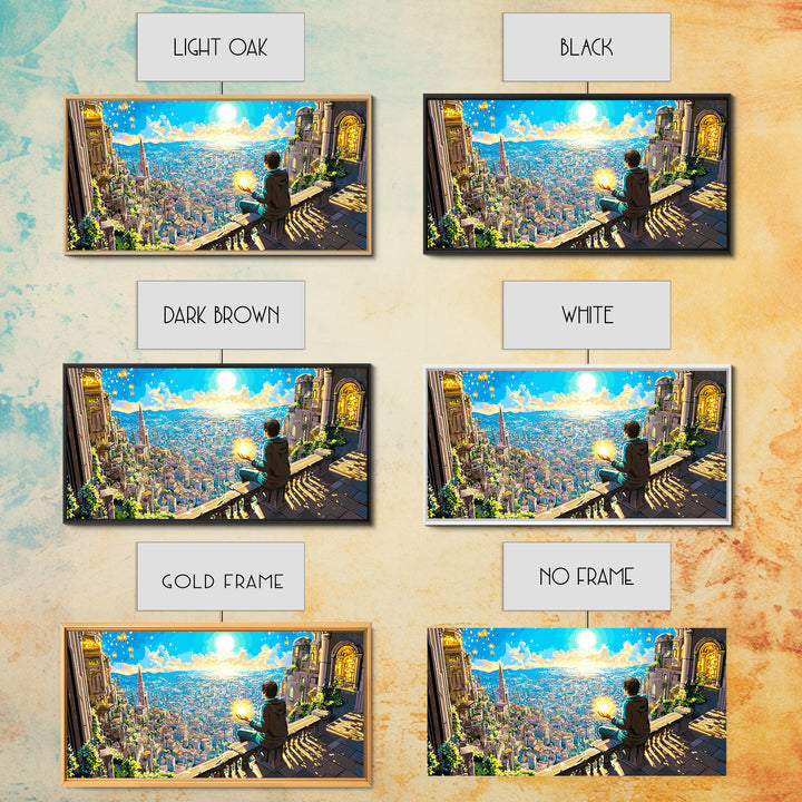 Boy With Glowing Orb Above Sunlit Fantasy City Canvas Print, Whimsical Wall Art, Magical Living Room Home Decor, Gift For Her