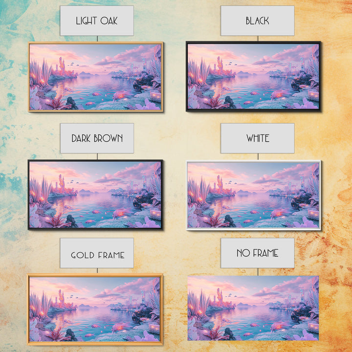 Pastel Alien Crystal Shore With Glowing Wildlife Wall Art, Fantasy Landscape Print, Sci Fi Decor, Dreamy Nursery Wall Art