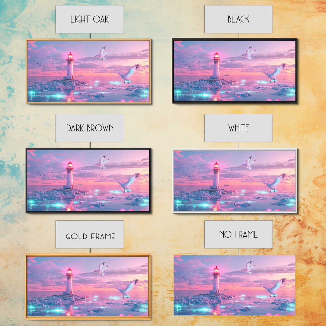 Pastel Pink Lighthouse On Glowing Sea Canvas Print, Coastal Wall Art, Dreamy Seascape, Beach Decor For Bedroom Wall Decor