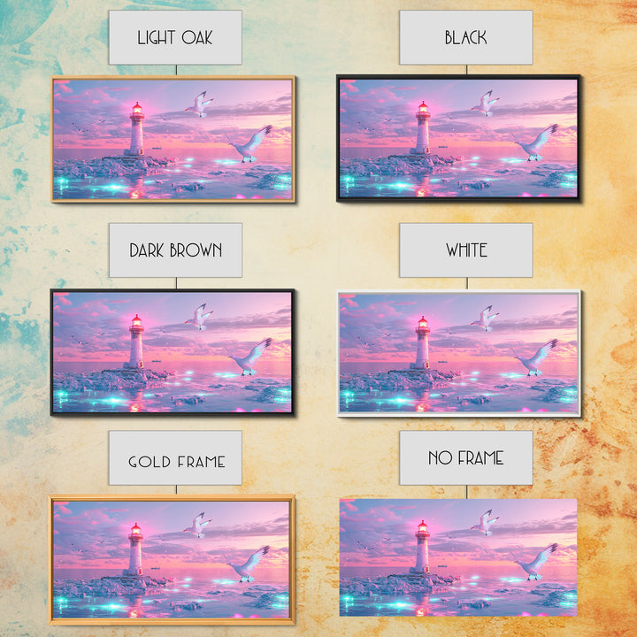 Pastel Pink Lighthouse On Glowing Sea Canvas Print, Coastal Wall Art, Dreamy Seascape, Beach Decor For Bedroom Wall Decor