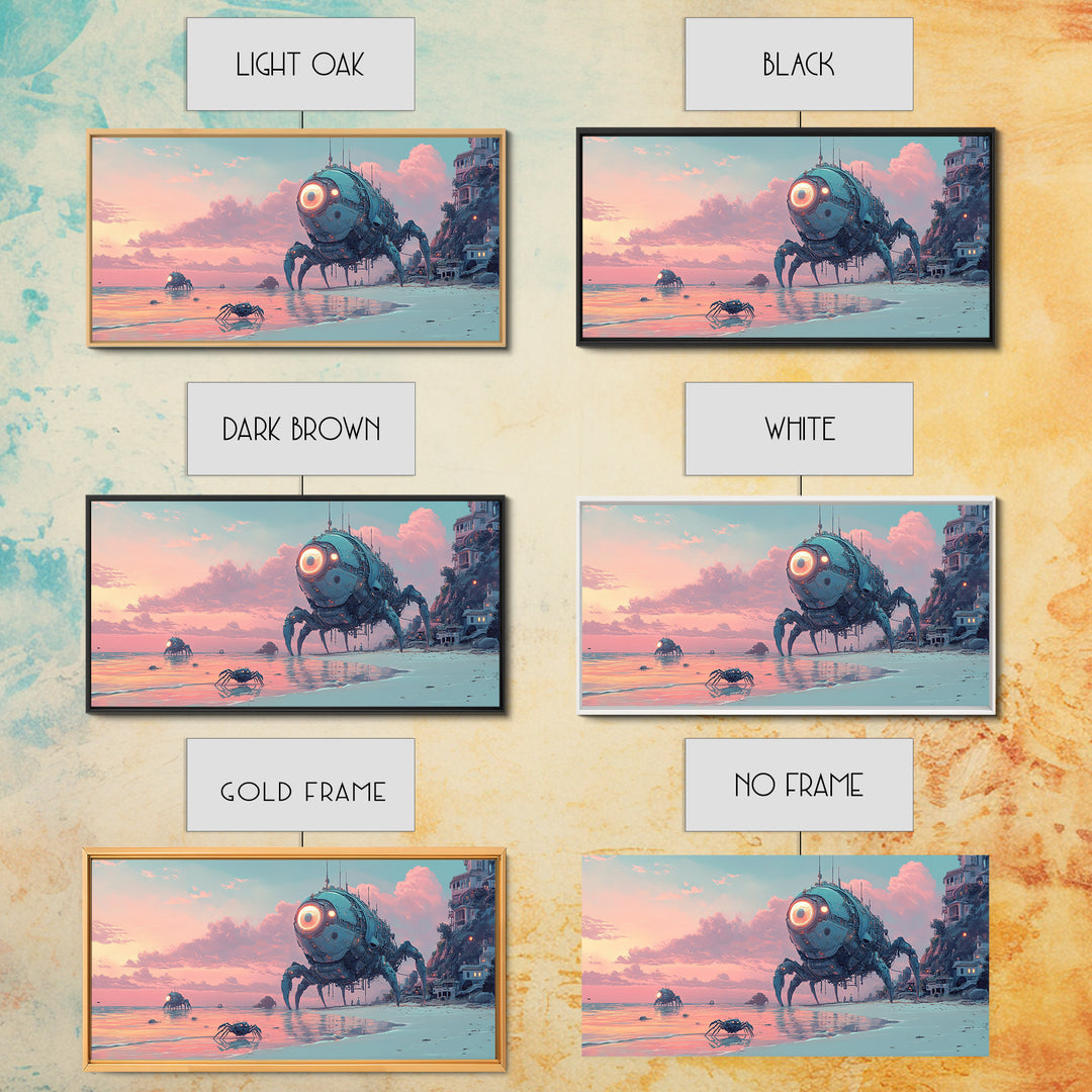 Robot Crab Beach Sunset Wall Art, Sci Fi Coastal Canvas, Futuristic Ocean Decor, Cyberpunk Seascape Print, Gamer Gift For Him
