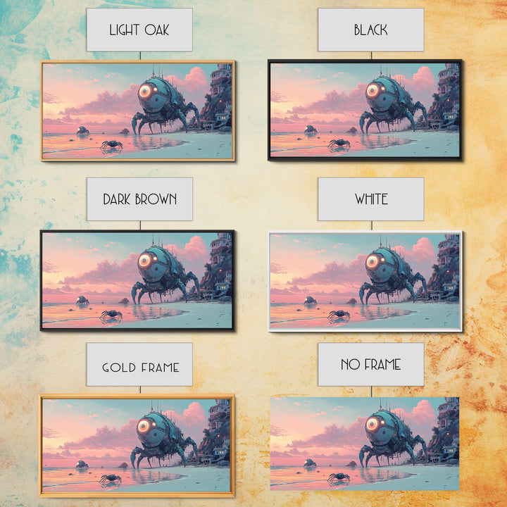 Robot Crab Beach Sunset Wall Art, Sci Fi Coastal Canvas, Futuristic Ocean Decor, Cyberpunk Seascape Print, Gamer Gift For Him