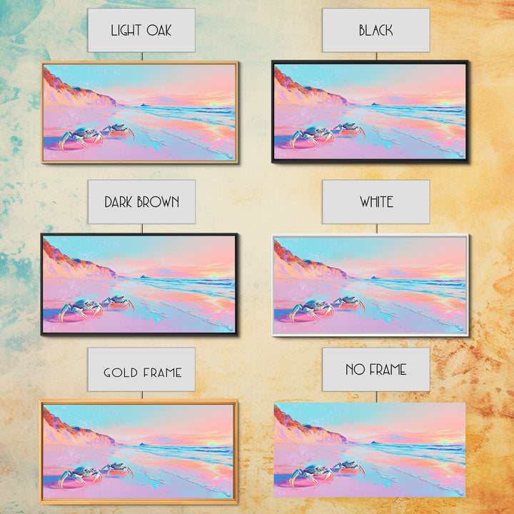 Pastel Crabs On Pink Beach Canvas Print, Coastal Wall Decor, Ocean Sunset Art, Tropical Nursery Decor, Beach House Gift For Her