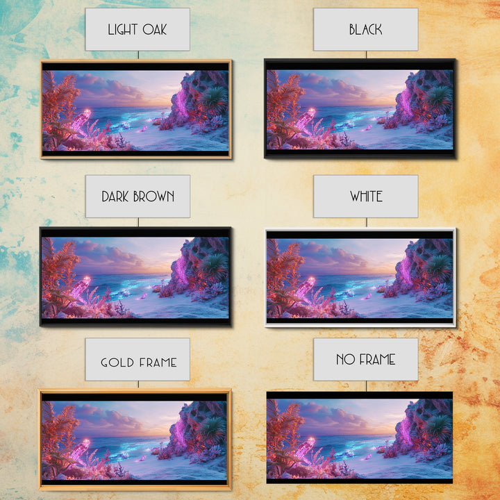 Neon Fantasy Beach With Glowing Coral Canvas Print, Tropical Ocean Wall Art, Cyberpunk Coastal Decor, Ethereal Seascape Print