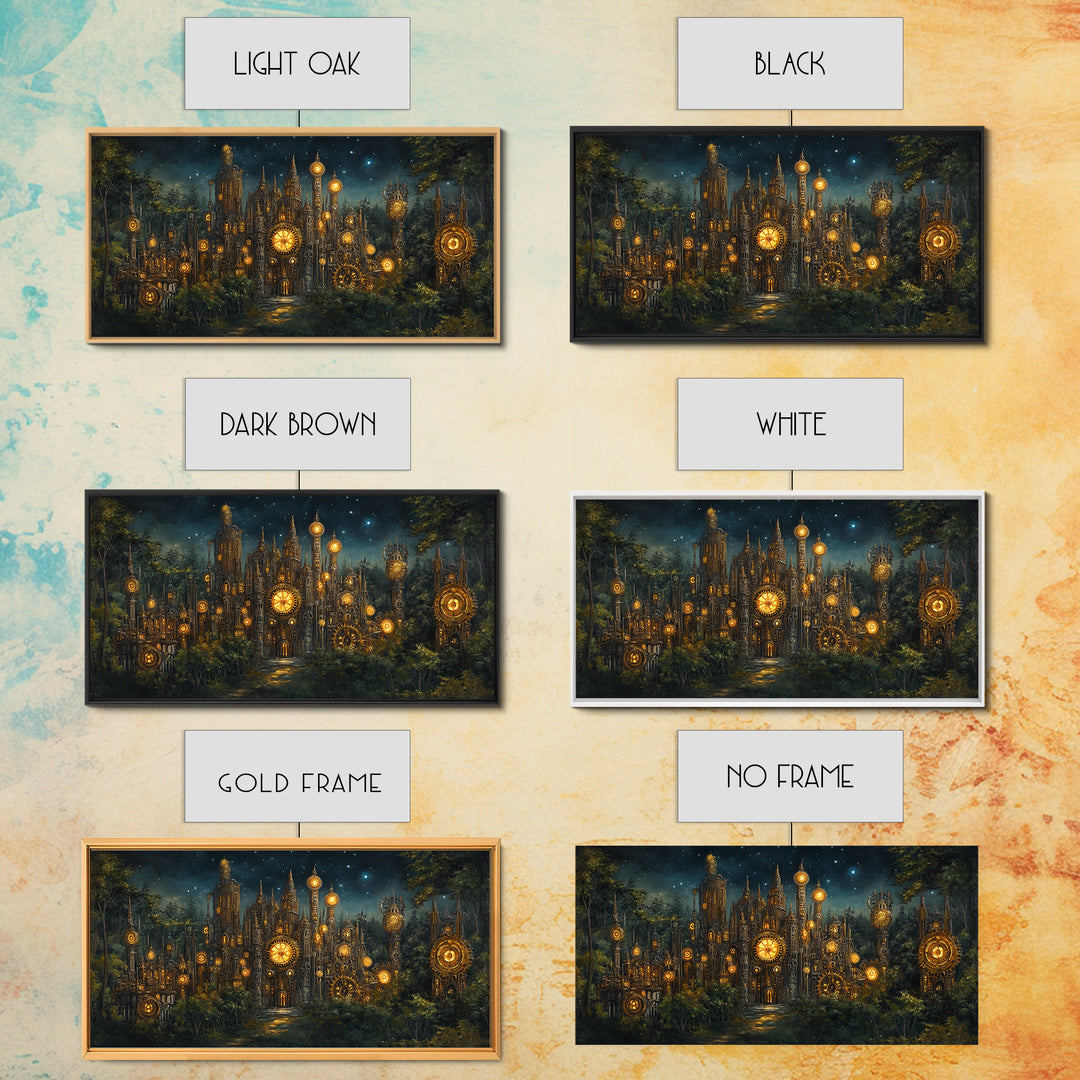 Clockwork Cathedral In Starry Forest Wall Art, Steampunk Fantasy City Canvas, Gothic Celestial Decor, Moody Office Print