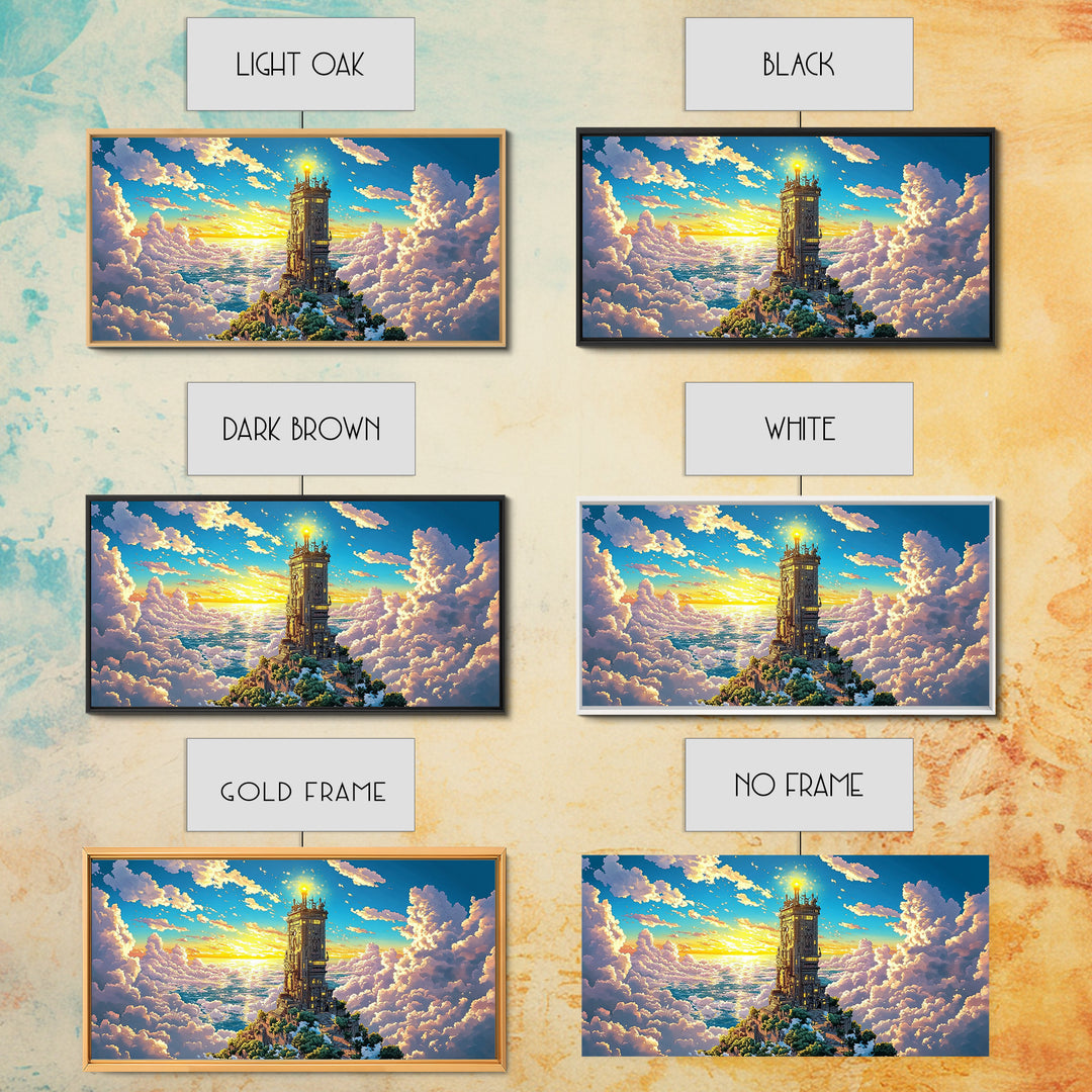 Golden Tower Above The Clouds Canvas Print, Fantasy Sky Castle Wall Art, Celestial Sunset Landscape For Living Room Decor