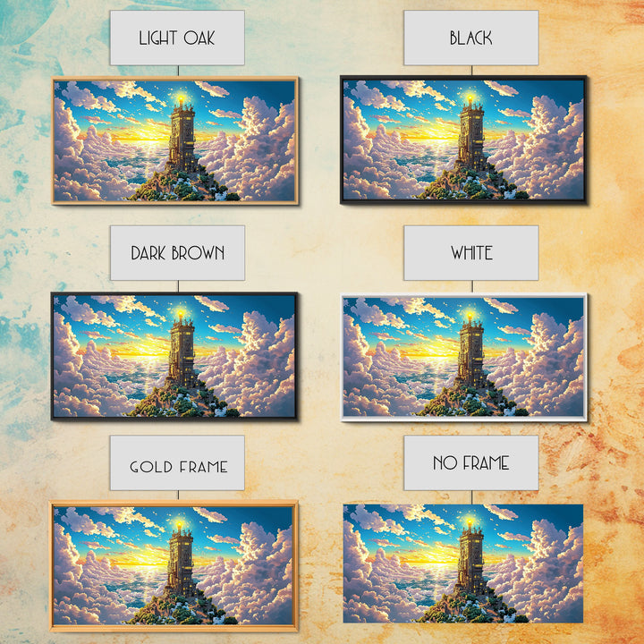 Golden Tower Above The Clouds Canvas Print, Fantasy Sky Castle Wall Art, Celestial Sunset Landscape For Living Room Decor