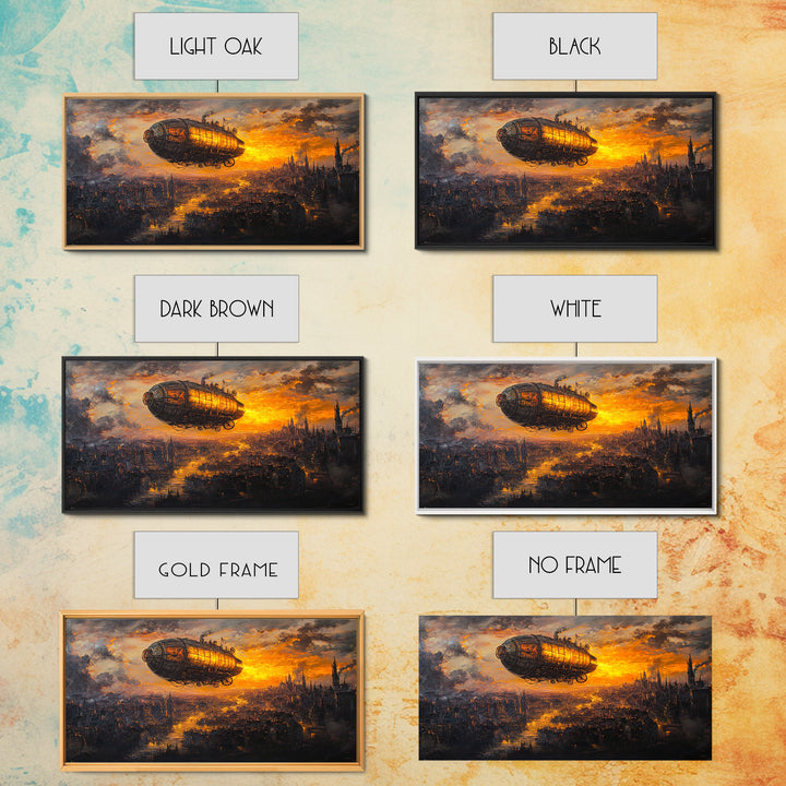 Moody Steampunk Airship At Fiery Sunset Framed Canvas Print, Dystopian City Wall Art For Gothic Office And Masculine Decor