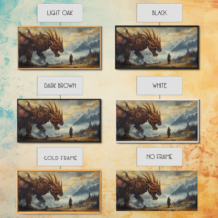 Steampunk Dragon Confronting Lone Traveler Framed Canvas Print, Fantasy Wall Art, Gothic Decor, Mountain Landscape Art, Gift For Him