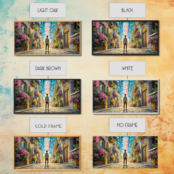 Vibrant Flowered Cobblestone Alley Wall Art, Fantasy Cityscape Canvas, Colorful Travel Poster, Living Room Wall Decor Print