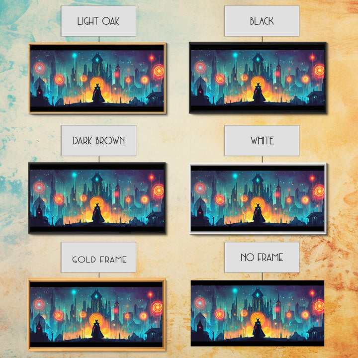 Cloaked Sorceress In Neon Skyline Wall Art, Cyberpunk Fantasy Canvas, Mystical Cityscape, Modern Sci Fi Gamer Room Decor Print