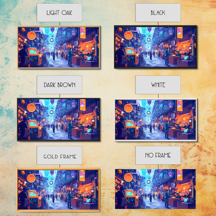 Neon Cyberpunk Market Arcade Wall Art, Futuristic City Canvas Print, Modern Gamer Room Decor, Sci Fi Urban Street Poster