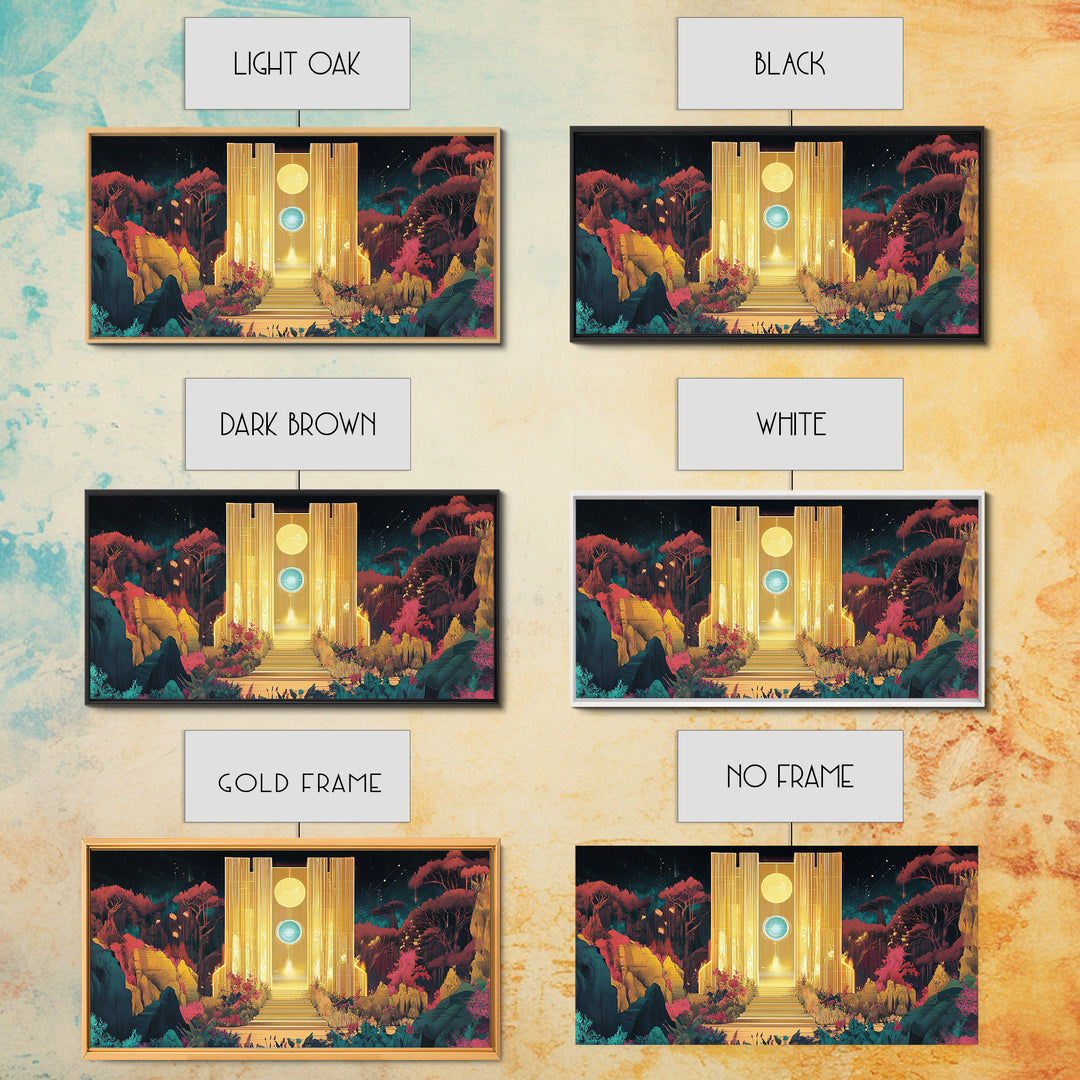 Golden Portal Temple In Alien Garden Wall Art, Celestial Fantasy Canvas Print, Mystical Landscape, Statement Art Home Decor