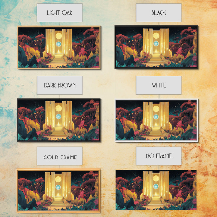 Golden Portal Temple In Alien Garden Wall Art, Celestial Fantasy Canvas Print, Mystical Landscape, Statement Art Home Decor