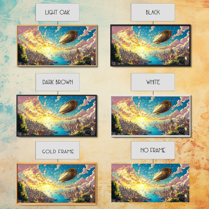 Sunset Harbor City With Golden Airship Wall Art, Mediterranean Canvas Print, Travel Poster, Coastal Living Room Decor Gift