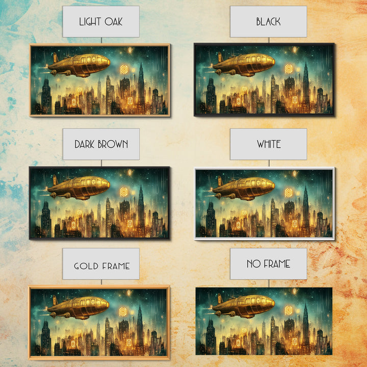 Golden Retro Airship Above Futuristic City Wall Art, Sci Fi Canvas Print, Cyberpunk Decor, Modern Office Wall Art Gift For Him