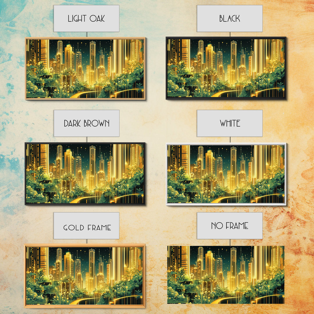 Luminous Garden Skyline In Golden Futuristic City Wall Art, Modern Canvas Print, Green Wall Decor, Home Office Decor Gift