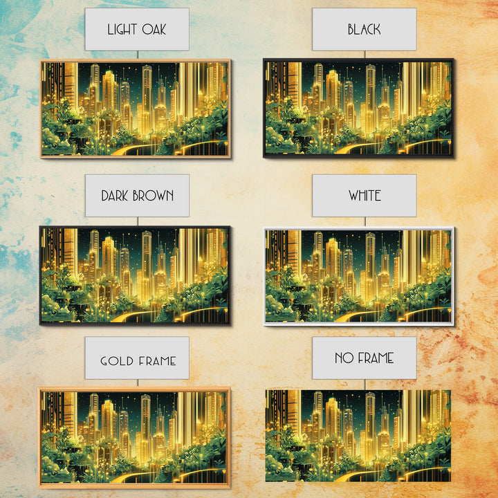 Luminous Garden Skyline In Golden Futuristic City Wall Art, Modern Canvas Print, Green Wall Decor, Home Office Decor Gift